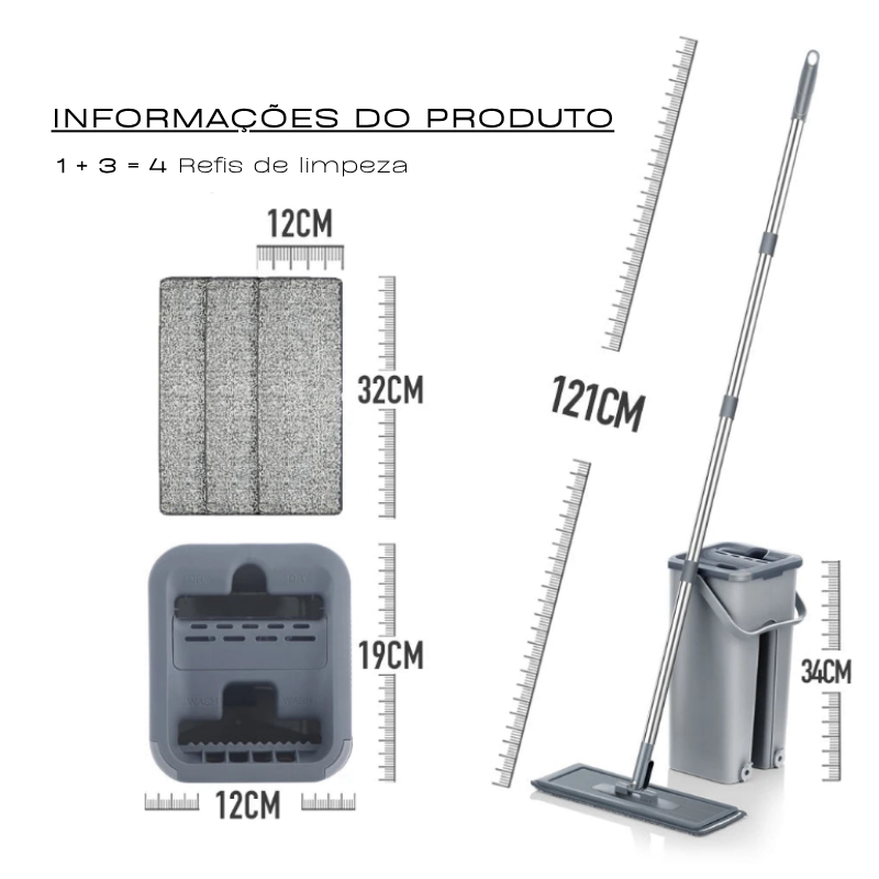 Rodo Flat Mop e Balde Lava e Seca – Sistema Completo de Limpeza de Piso com Almofadas de Microfibra Laváveis
