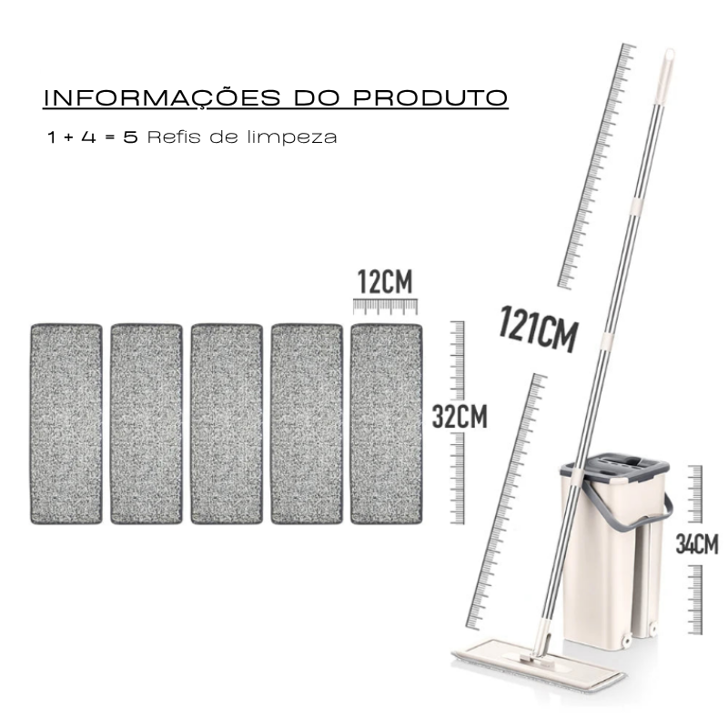 Rodo Flat Mop e Balde Lava e Seca – Sistema Completo de Limpeza de Piso com Almofadas de Microfibra Laváveis