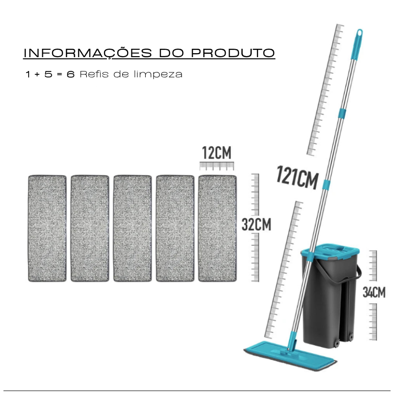 Rodo Flat Mop e Balde Lava e Seca – Sistema Completo de Limpeza de Piso com Almofadas de Microfibra Laváveis