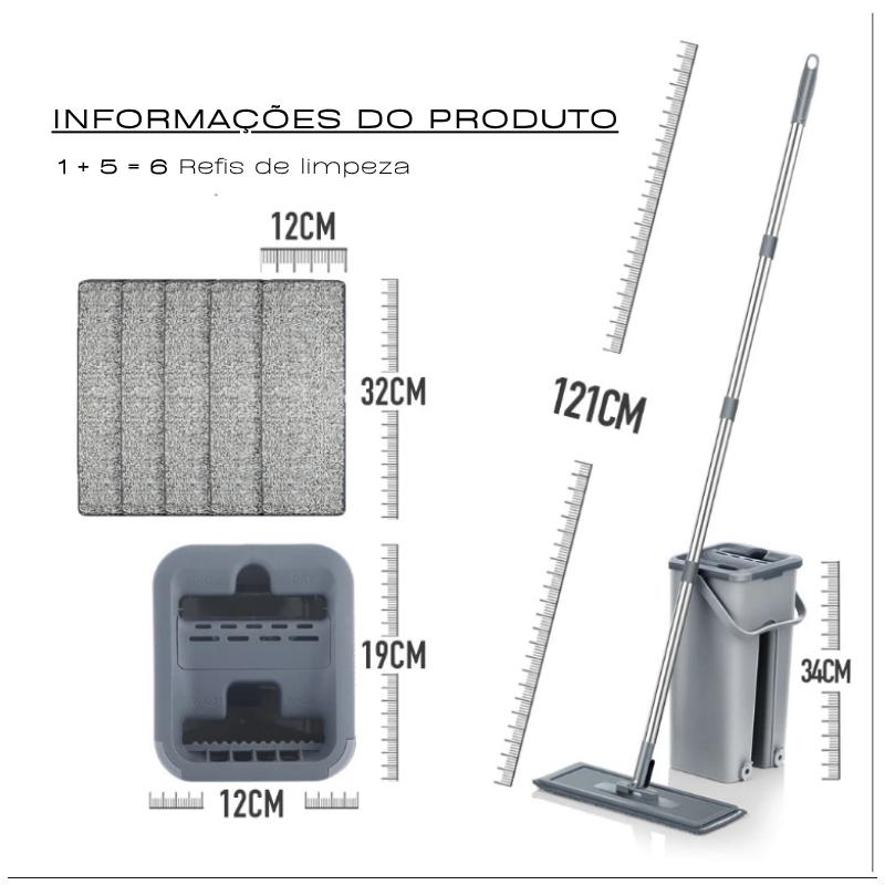 Rodo Flat Mop e Balde Lava e Seca – Sistema Completo de Limpeza de Piso com Almofadas de Microfibra Laváveis